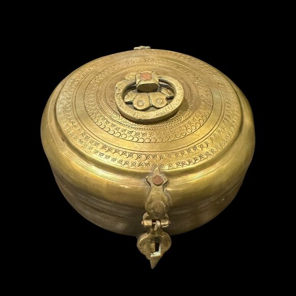 Antique Brass Chapati Box with Latch and Handle, Vintage Indian Kitchenware - Picture 1 of 6